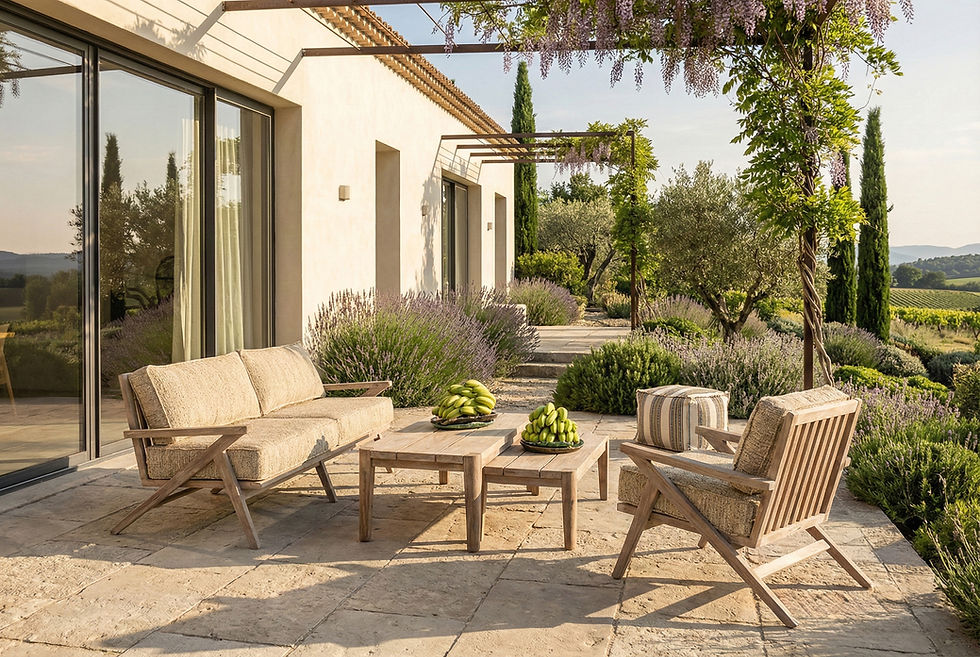 Salon de jardin Gommaire en bois naturel sur terrasse provençale avec lavandes et pergola dans les Alpilles.
