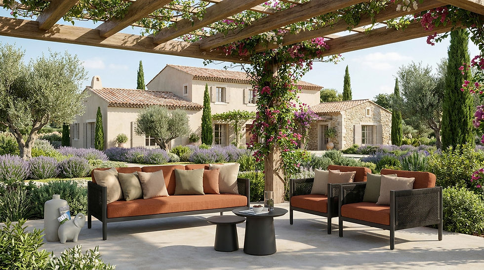 Salon de jardin DOLCEVITA Talenti avec coussins terracotta sous une pergola fleurie dans un jardin méditerranéen provençal.