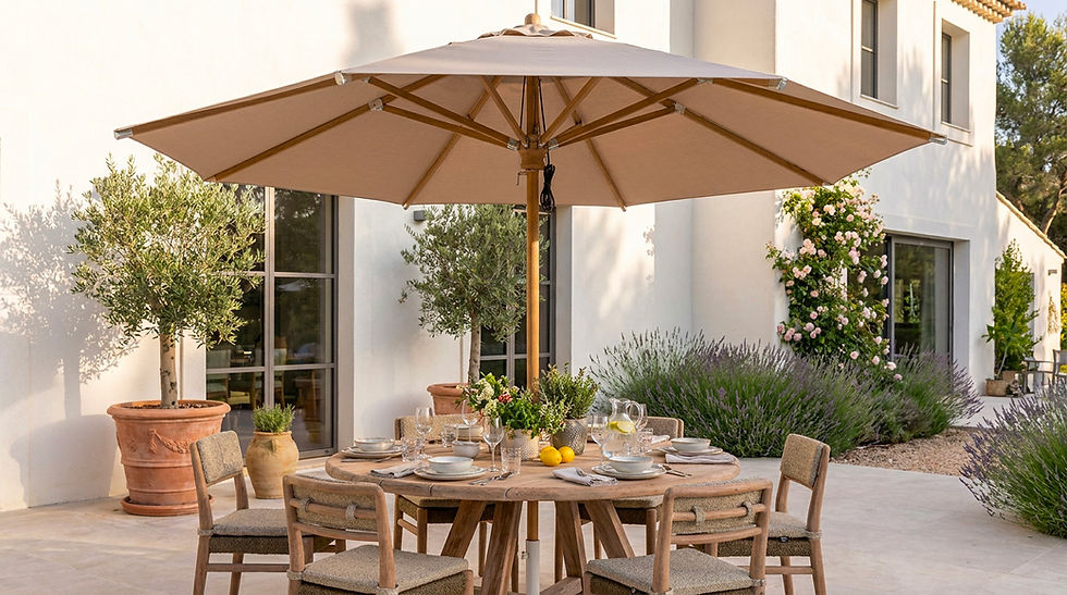Parasol rond en teck Les Jardins protégeant une table de repas sur une terrasse élégante, idéal pour créer un espace ombragé pendant les fortes chaleurs.