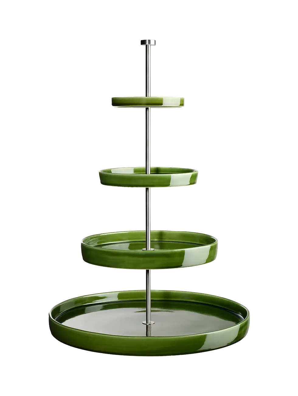 Étagère de présentation 4 niveaux Verde ASA Selection en céramique verte avec structure en acier inoxydable sur fond blanc.