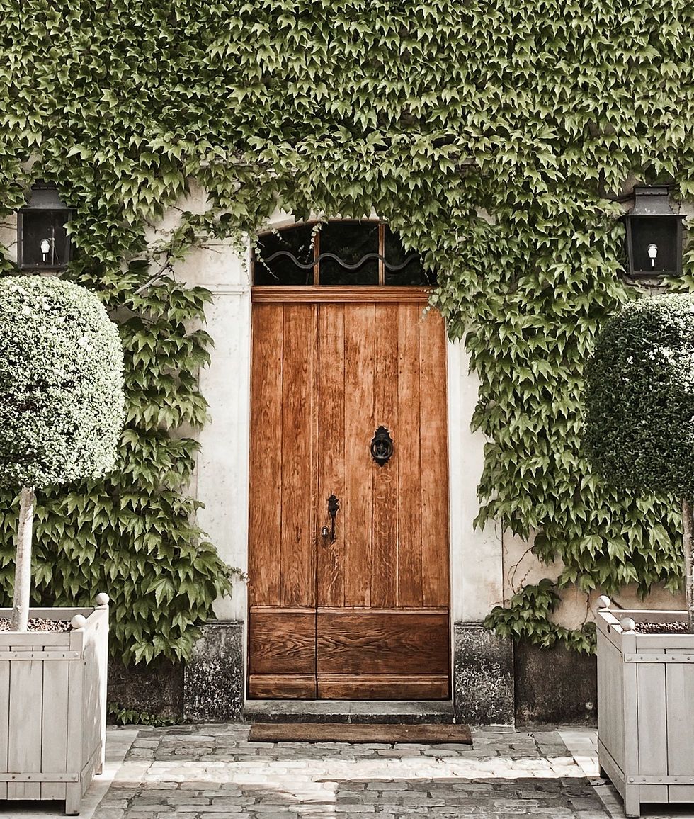 authenticity and charm of an 18th-century Mas near Saint-Rémy-de-Provence, available for rent. The image showcases a stunning wooden door set in a wall covered with lush, green ivy, epitomizing the rustic elegance of the property. Flanked by symmetrical planters with manicured topiary trees and classic lantern-style lights, the entrance exudes a timeless appeal. The cobblestone pathway leading to the door enhances the sense of stepping back in time, offering a glimpse into the rich history and serene ambiance of this magnificent Mas. This picturesque entrance perfectly illustrates the unique character and inviting atmosphere of this Provençal gem