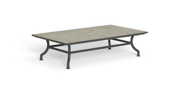 Table basse de jardin plateau rectangulaire collection Capri – structure aluminium gris satiné et plateau en grès finition sable, vue produit sur fond blanc.
