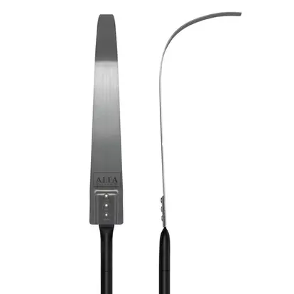 Vue de face et de profil du tisonnier Alfa Forni en acier inoxydable avec manche noir