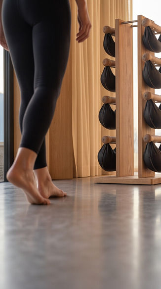 Ambiance pieds nus près de la Swing Tower Nohrd dans une salle de sport en chêne clair