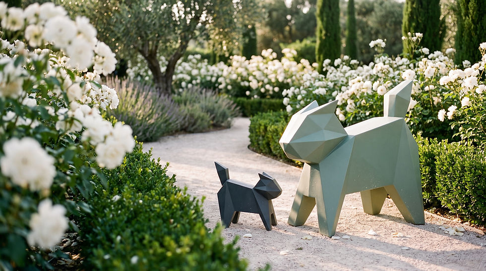 Sculptures chat Origami Vondom vert et anthracite au bord d'une allée bordée de buis et de rosiers blancs