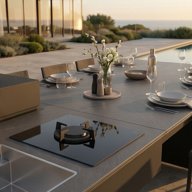 Vue rapprochée de NOJARA, la cuisine extérieure avec table de réception intégrée signée Fògher