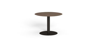 Table de jardin ronde hauteur 40 cm collection Leaf – pied aluminium marron et plateau vitter corten, vue produit sur fond blanc.