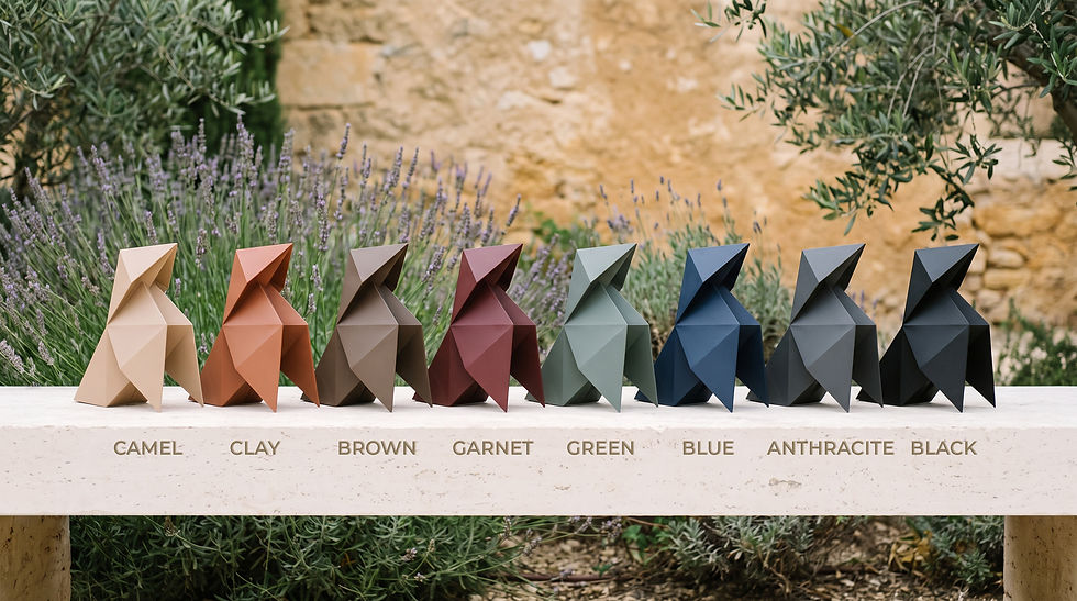 Nuancier Vondom Basic : cocottes Origami en camel, clay, brown, garnet, green, blue, anthracite et black