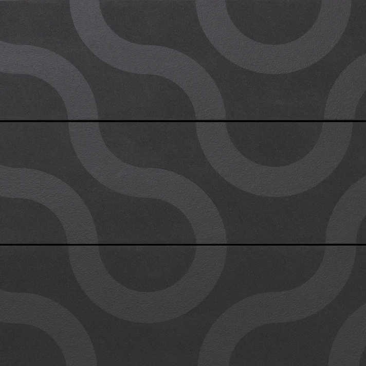 Détail du motif Contour Burnt Cedar de Millboard, avec courbes brunes sur fond chocolat intense.