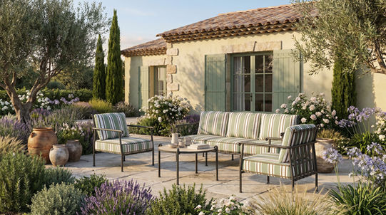 Salon de jardin AMBOISE Maiori composé d'un canapé, de deux fauteuils et d'une table basse dans un jardin méditerranéen