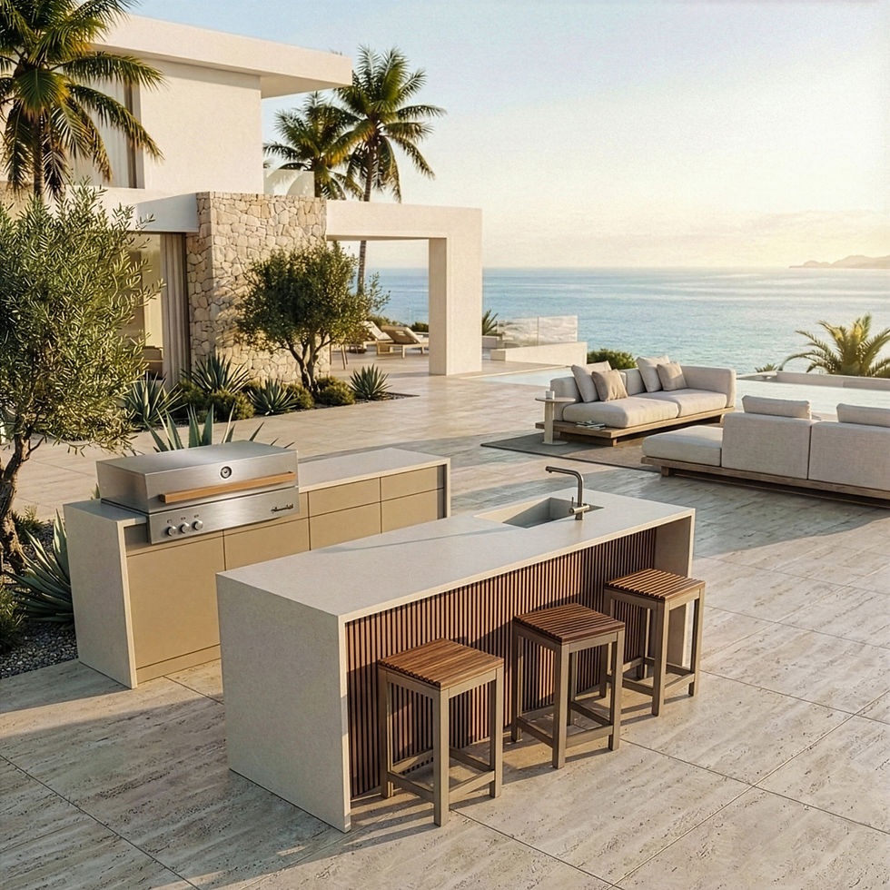 Cuisine extérieure design en bord de mer, avec îlot central en pierre claire, tabourets en bois, plancha intégrée et vue sur l’océan. Mobilier minimaliste et architecture contemporaine, ambiance élégante et ensoleillée