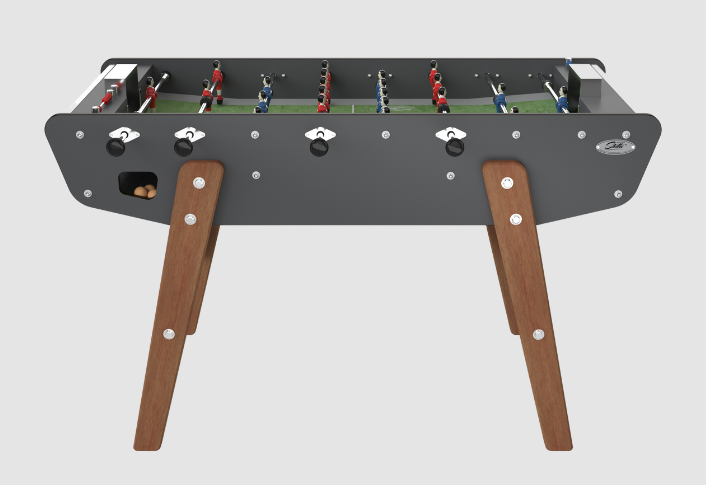 Vue latérale du baby-foot gris Stella avec détails des poignées