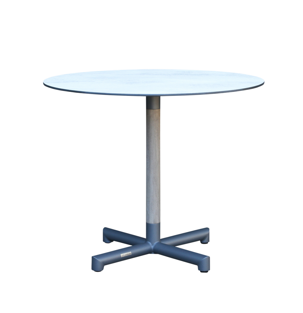 able bistro ronde BASTINGAGE avec pied central en aluminium blanc et finition bois, plateau en céramique effet béton clair,