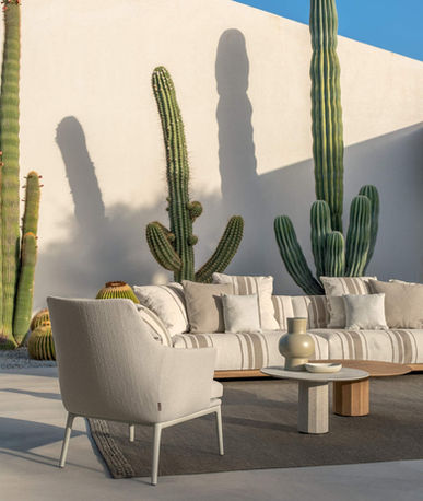 Ensemble salon avec fauteuil CLAUDE beige dans un décor désertique avec cactus, ambiance élégante.