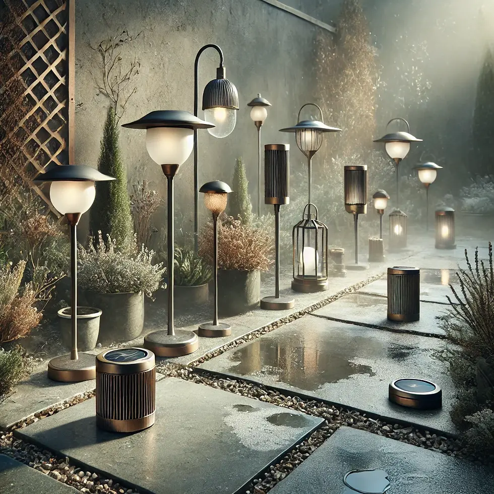 Collection de lampes solaires et rechargeables installées sur une allée extérieure humide, illustrant leur utilisation en toutes saisons.