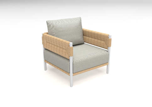 Fauteuil STIPA Maiori structure blanche avec tressage naturel et coussins gris clair