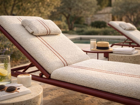 Bain de soleil MEL Musola avec structure terracotta, matelas écru et coussin de tête au bord d’une piscine