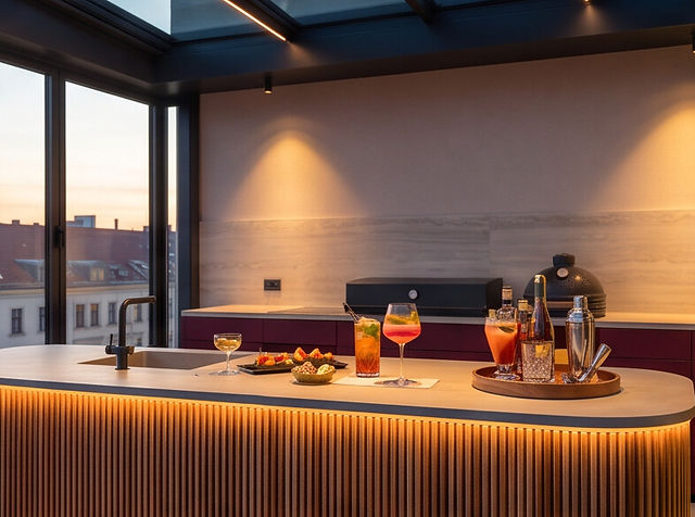 Comptoir de la cuisine extérieure avec cocktails, ambiance golden hour à Dijon