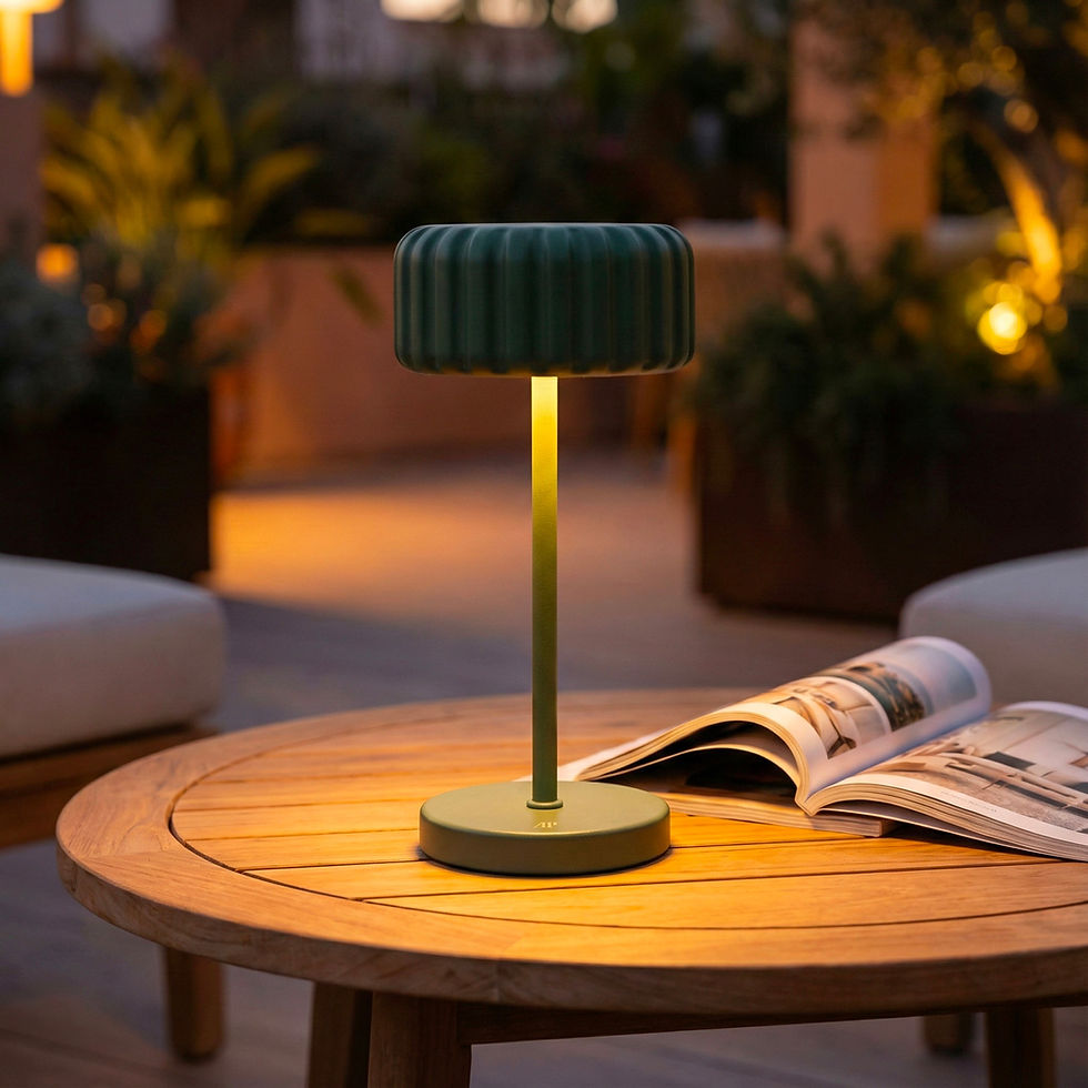 Lampe Dentelles Mini Bistro verte allumée sur table en bois, ambiance extérieure nocturne