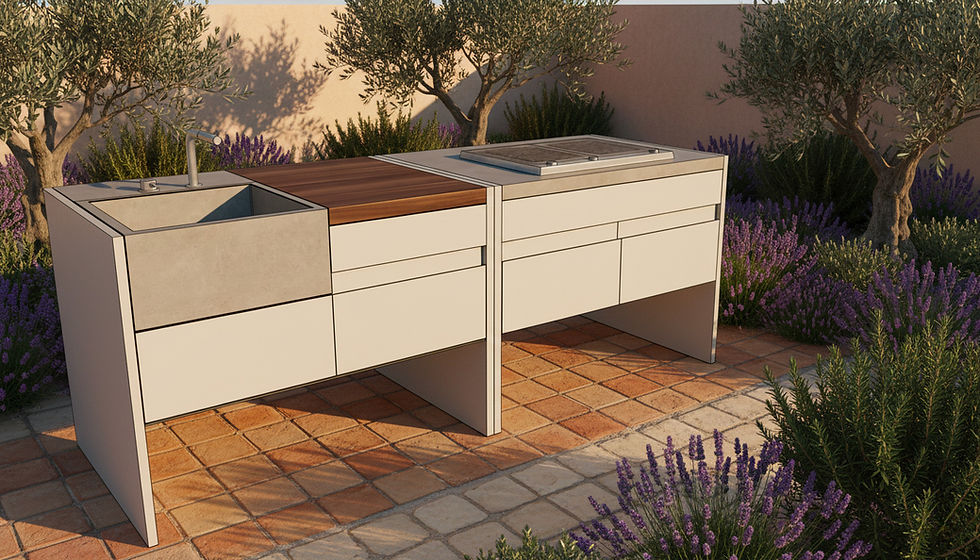 Cuisine extérieure HORIZON 240 installée dans un jardin provençal, avec évier béton, planche iroko et grill Barazza encastré.