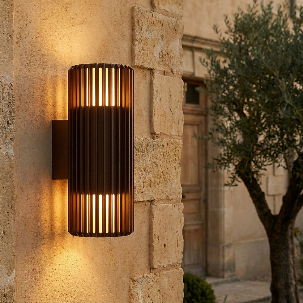 Applique extérieure ALUDRA DOUBLE Nordlux illuminant une façade en pierre naturelle