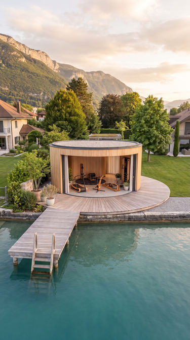 Vue aérienne d'une salle de sport Nohrd installée dans un Lumipod 8 avec accès direct au lac d'Annecy à Menthon-Saint-Bernard