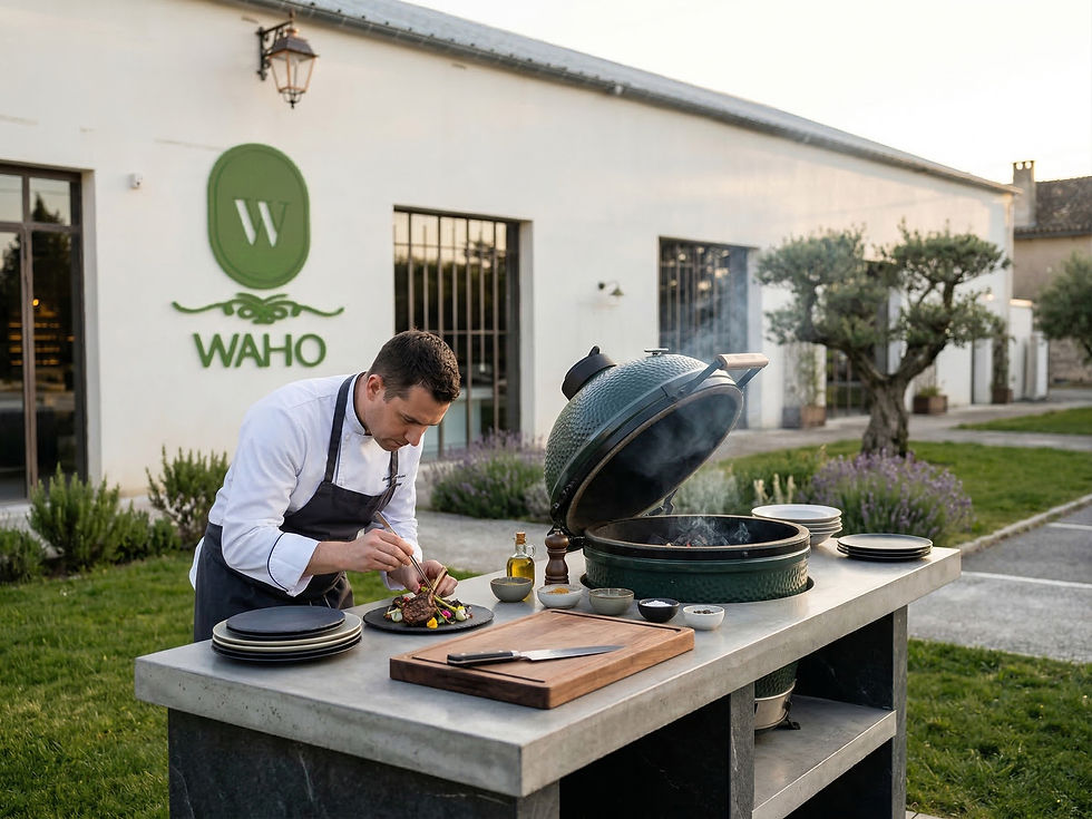 Atelier dégustation Big Green Egg se tenant devant le showroom de WAHO à Eyragues