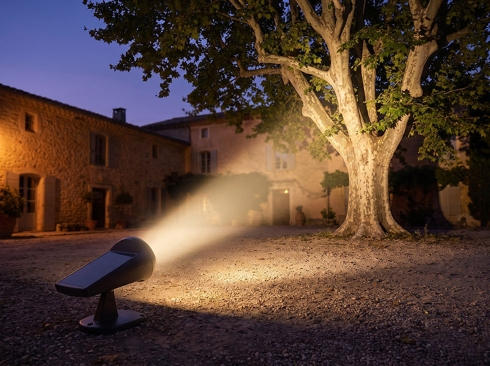 Spot solaire OJE Les Jardins éclairant un grand arbre dans la cour d'un mas provençal en soirée