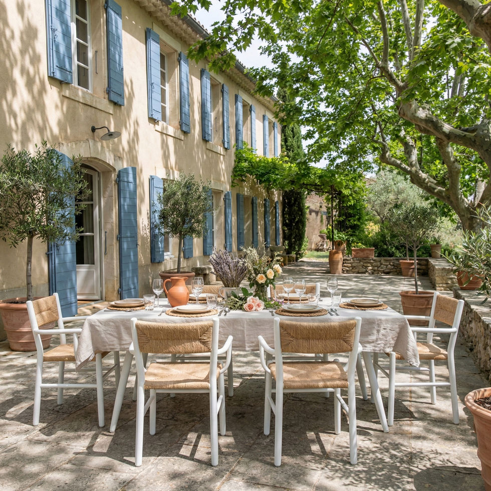 Table Maiori STIPA 200x100 blanche avec chaises en fibres naturelles sur terrasse en pierre