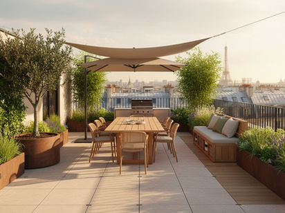 Terrasse-jardin sur les toits de Paris au coucher du soleil, zones repas, lounge et potager visibles.