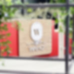 Logo WAHO en bois sur comptoir rouge du showroom de Saint-Rémy-de-Provence, feuillage au premier plan