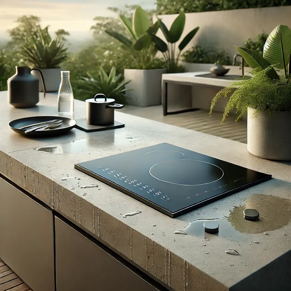 Plaque à induction noire intégrée à un plan de travail en béton brut dans une cuisine extérieure moderne, avec traces d’humidité visibles, soulignant sa résistance et son design minimaliste.