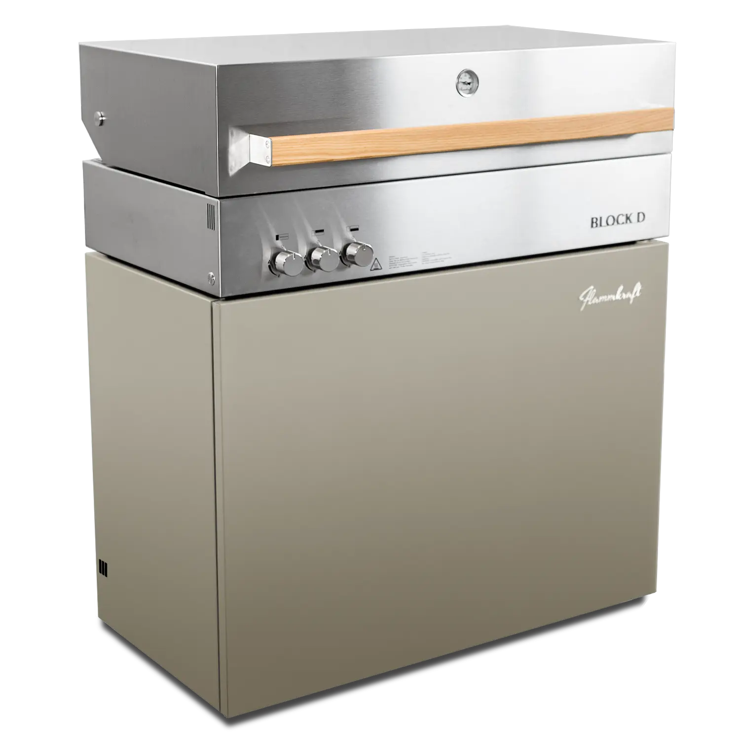 Barbecue Flammkraft Block D en finition taupe, design compact avec façade en acier inoxydable et poignée bois.