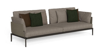 Canapé 3 places de jardin collection Leaf – structure aluminium marron et coussins outdoor taupe, vue produit sur fond blanc.