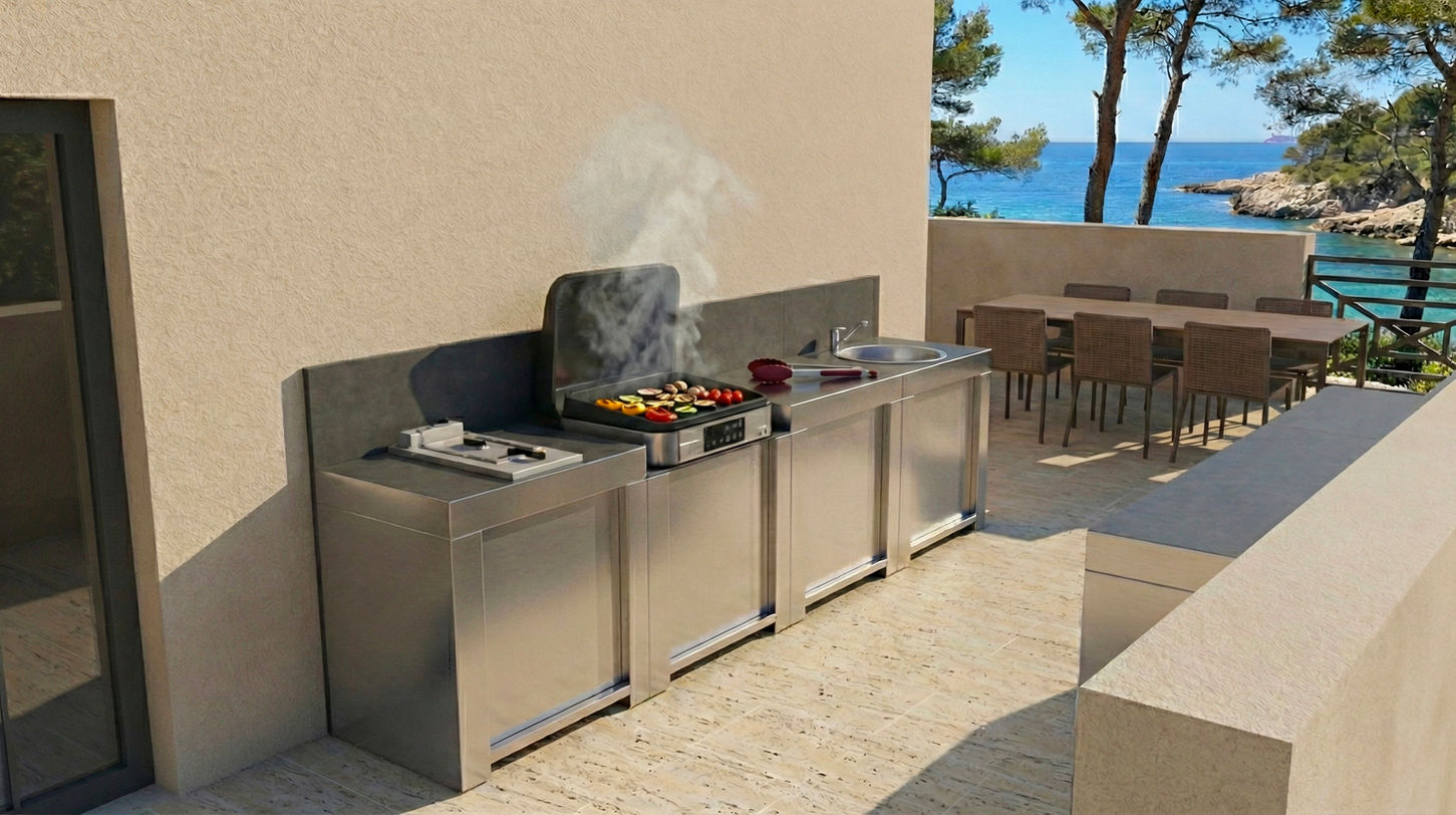 Module de cuisson en inox avec plancha électrique en fonctionnement, intégré sur la terrasse face à la mer, conçu par WAHO.