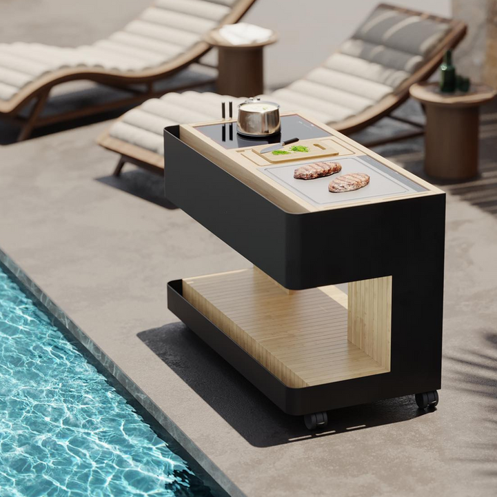 Chariot de cuisine extérieure modulable avec plancha et espace de rangement, conçu pour une utilisation mobile et élégante au bord de la piscine