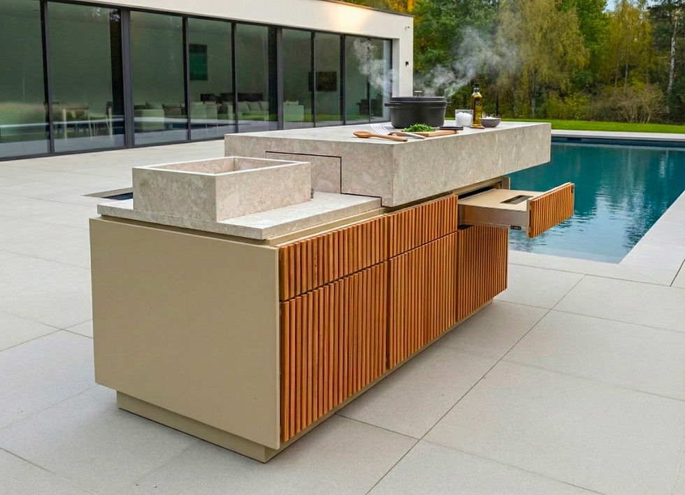 Floating Bar en céramique et bois près d’une piscine moderne, avec évier intégré, plantes décoratives et tiroir de rangement ouvert.