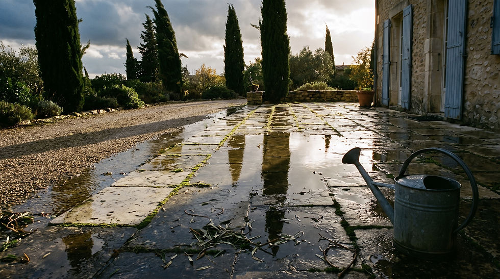 Terrasse en pierre d'un mas provençal après une pluie d'automne, avec des flaques et les longues ombres des cyprès