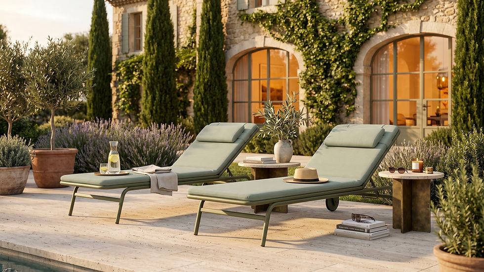 Deux bains de soleil MEL Musola vert sauge sur une terrasse de style méditerranéen