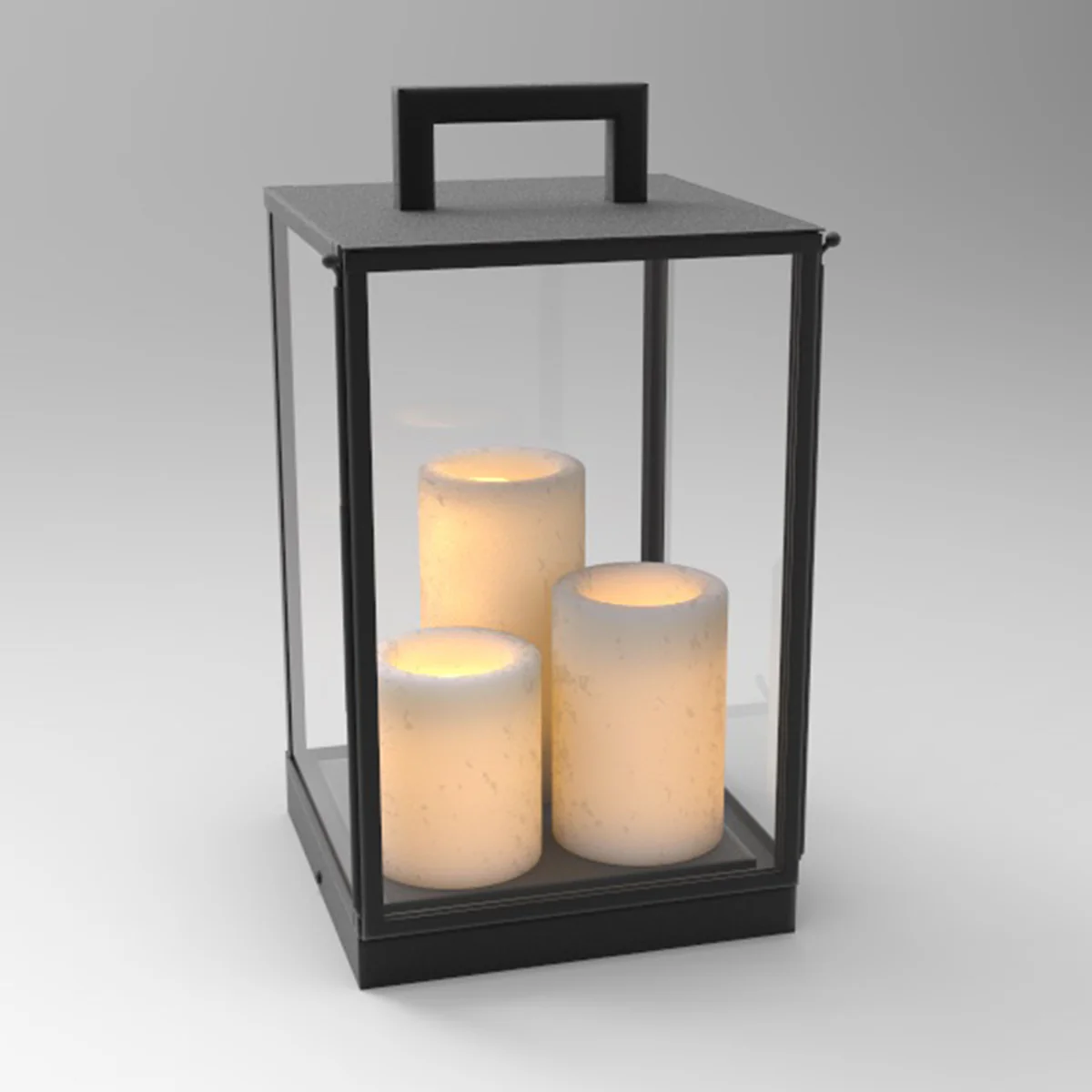 Lanterne extérieure style Authentage en métal noir vitré, avec trois bougies LED créant une ambiance patinée et vintage — sélection WAHO.