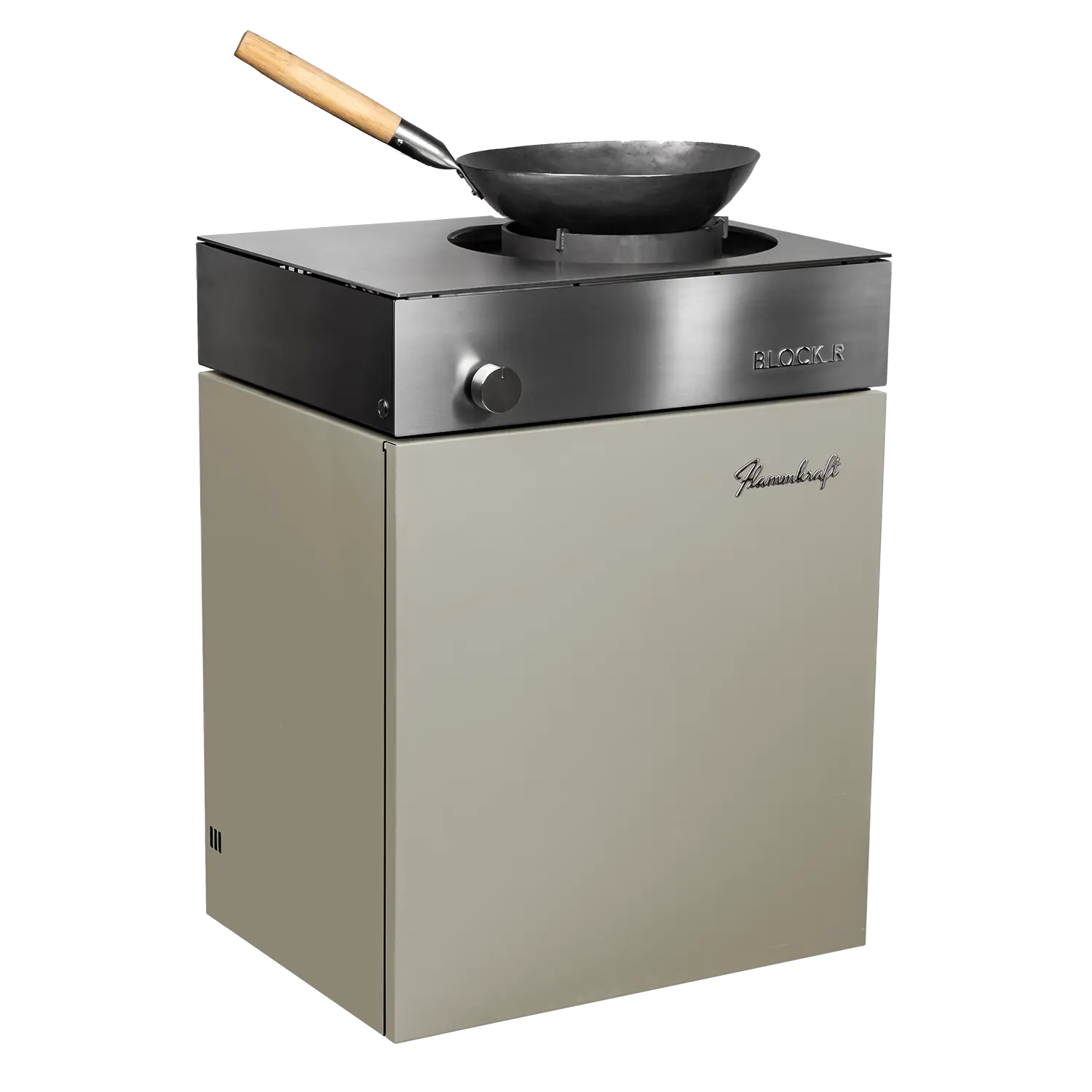 Module Flammkraft Block R avec brûleur wok encastré, design minimaliste en inox et façade beige, wok en position de cuisson.
