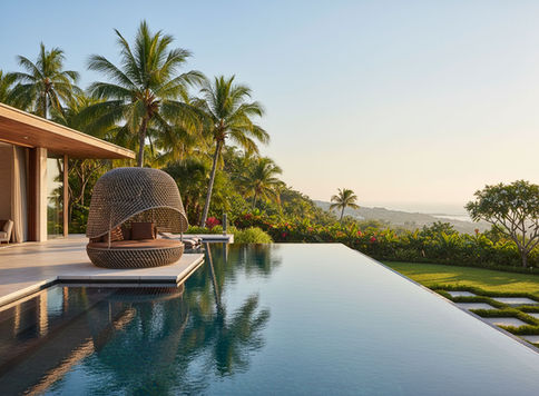 Daybed High KORO installé au bord d'une piscine à débordement, avec vue tropicale — mobilier outdoor haut de gamme.