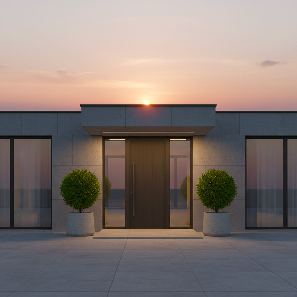 Pots PATT utilisés en duo devant l'entrée d'une maison moderne au coucher du soleil.