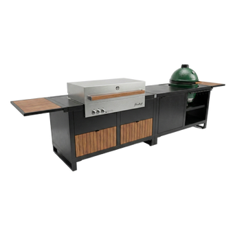 Vue 3D de la cuisine extérieure RUBIX de Roostr avec modules duo pour barbecue Flammkraft Block D et kamado Big Green Egg Lar