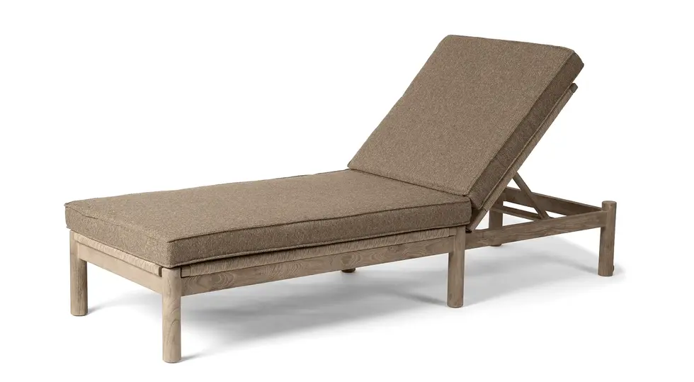 bain de soleil haut de gamme en teck grisé en corde tressée avec confortable matelas recouvert d'un tissu outdoor