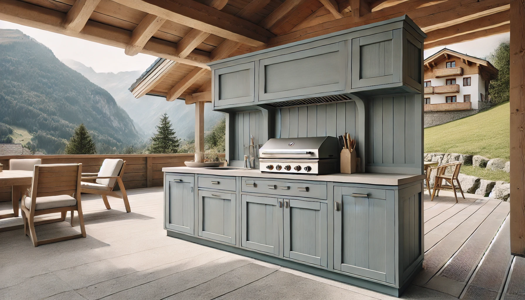 cuisine extérieure en bois peint dans un chalet à la montagne (Alpes)