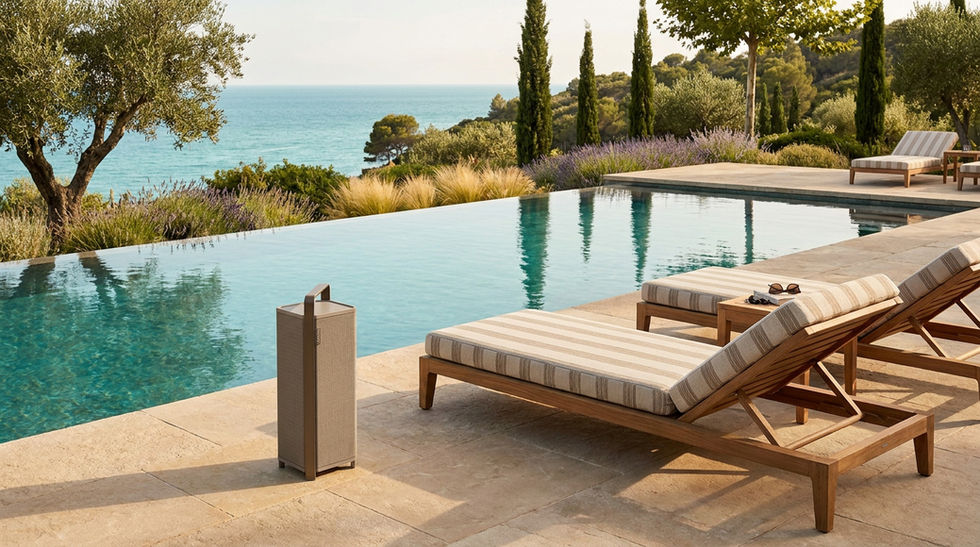 Enceinte portable Sonoro VIBES XL taupe installée au bord d’une piscine haut de gamme