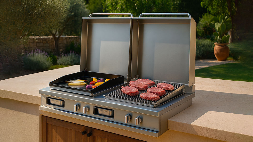 Table de cuisson OPEN’COOK Lacanche encastrée : grille et plancha en service dans une cuisine extérieure WAHO.