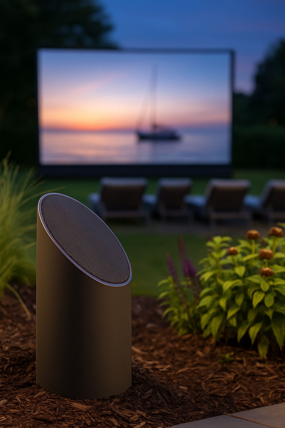 Haut-parleur cylindrique bronze légèrement incliné, installé dans un parterre fleuri, avec à l’arrière-plan flou un écran de projection montrant un voilier au couchant.
