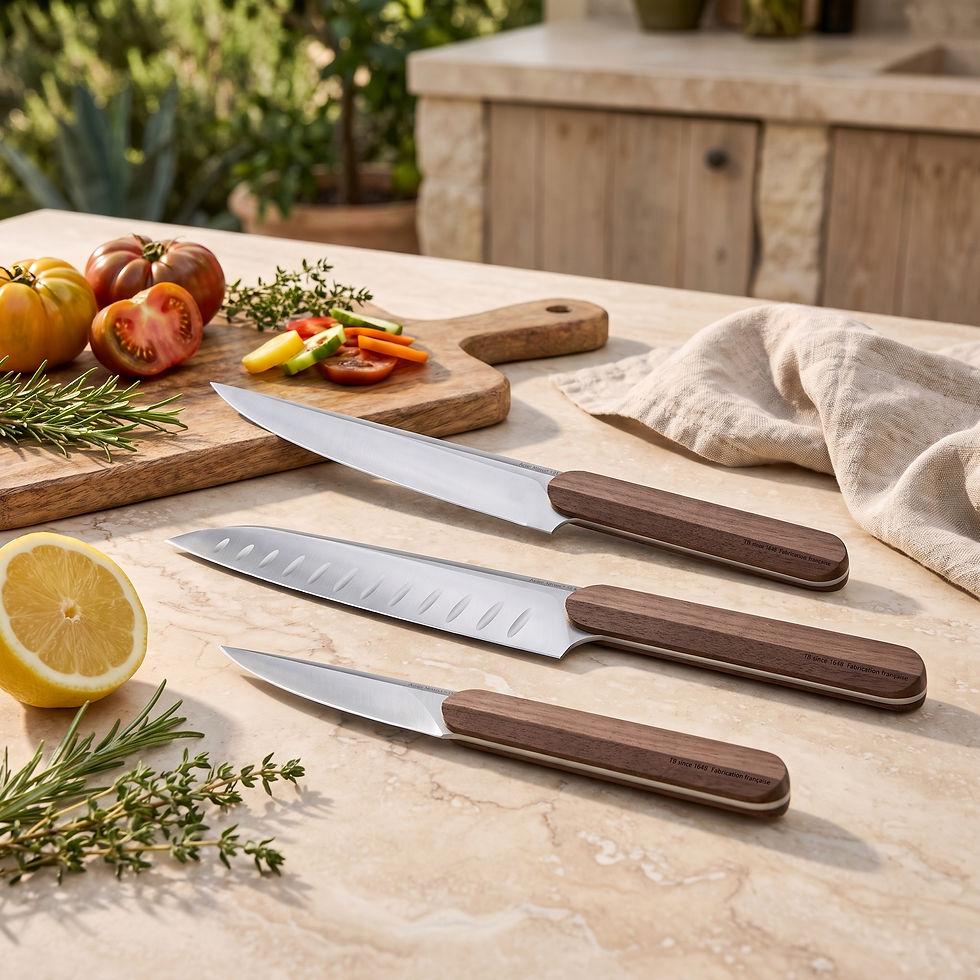 Coffret de 3 couteaux LOUIS TB Coutellerie en situation sur une table en pierre, entourés d'herbes et légumes